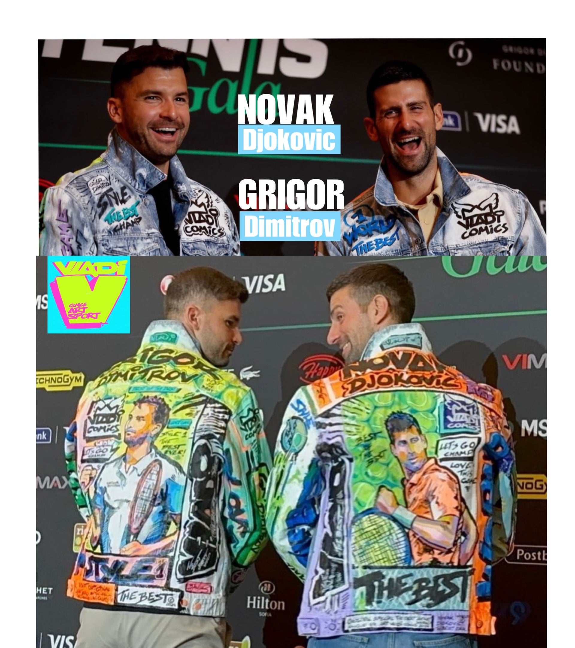 Novak Djokovic and Grigor Dimitrov Showcase Unique Art Jackets by Art VLADI Sport at Press Conference