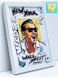 Original sketch by Art VLADI featuring Jordan Belfort in dynamic pop art comic style – bold black and white line art inspired by Wall Street energy