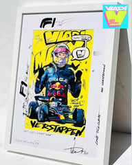 Close-up of Max Verstappen’s focused expression — dynamic F1 energy captured in pop art sketch by Art VLADI