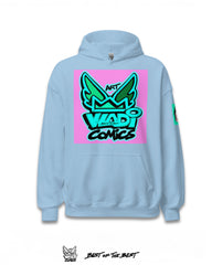 Front view of blue VLADI Comics sweatshirt by Art VLADI, inspired by pop art comic style.
