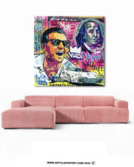 Pop art comic painting of Jordan Belfort with money theme by Art VLADI