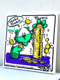 TIGERS Green Money Tower original 1/1 Pop Comic Fine Art painting on canvas by Vladi Nik, featuring the Green Tiger and hand-painted gold coin tower.