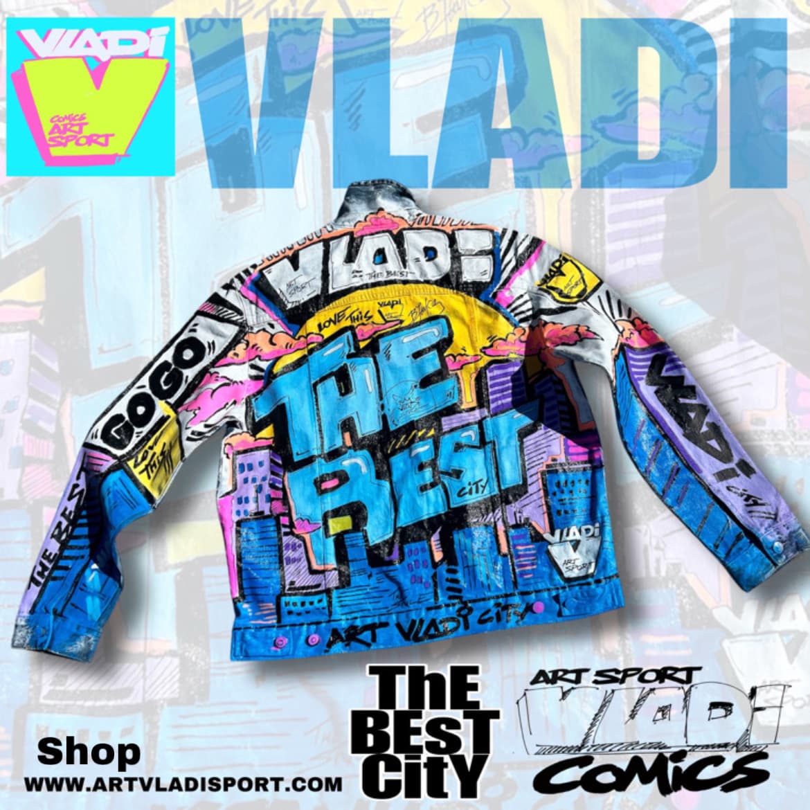 Hand-painted denim art jacket by Art VLADI with "The Best City" design in dynamic pop art comic style