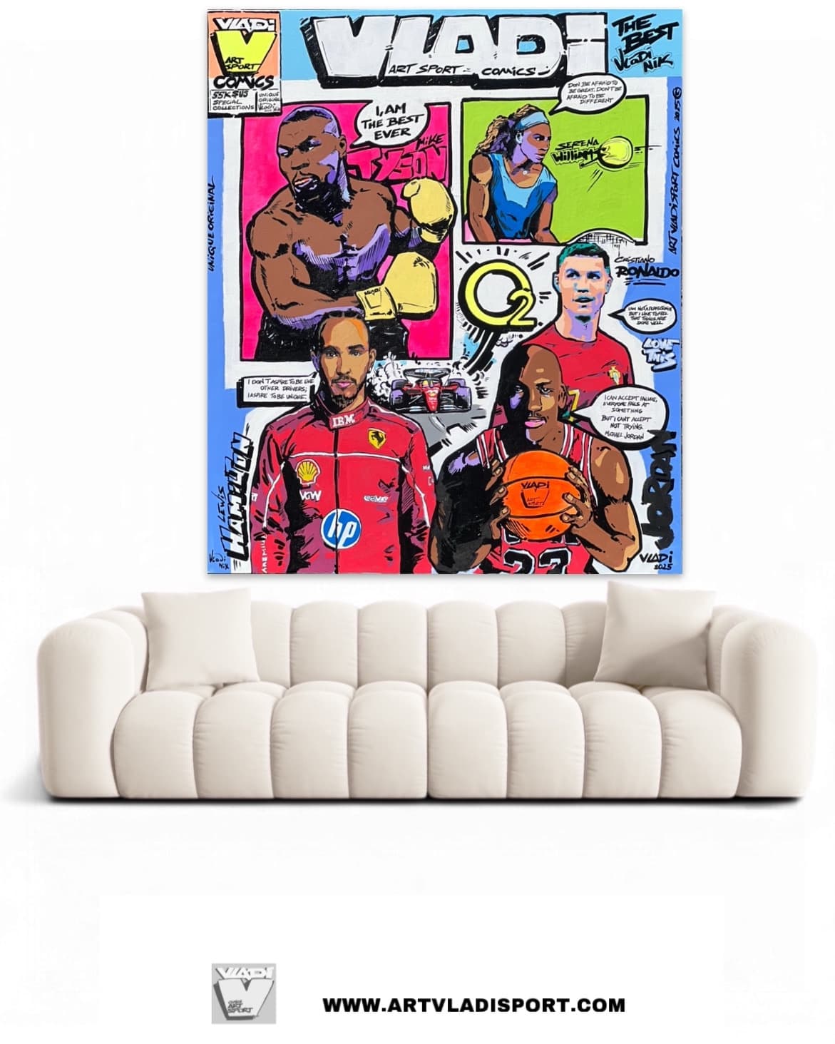 Original painting by Art VLADI in pop art comics style featuring Tyson, Jordan, Hamilton, Serena Williams, and Cristiano Ronaldo — icons of sport and greatness