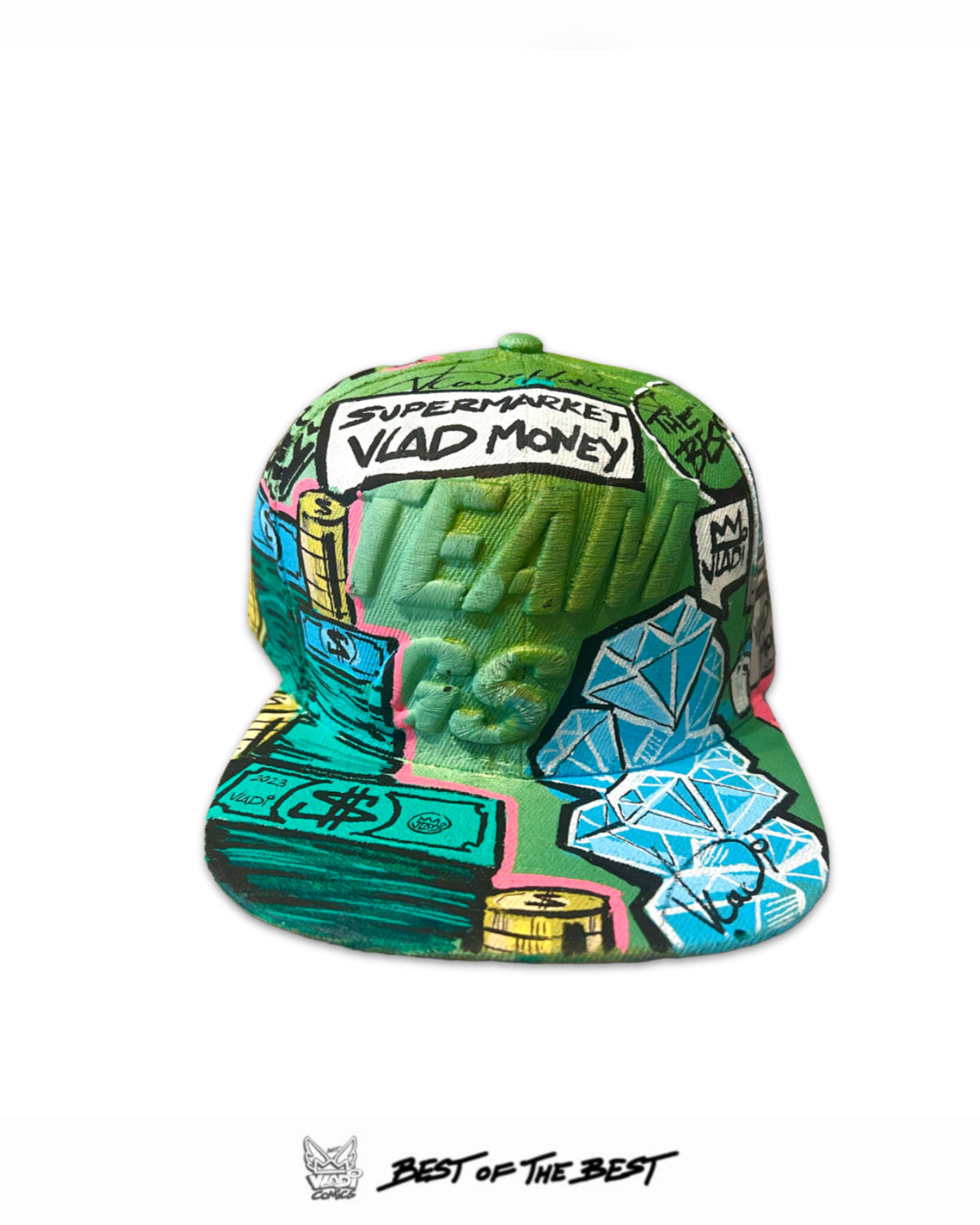 Front view of WOW Diamond Hat 1of1 by Art VLADI — hand-painted pop art hat with bold diamond design and comic flair.