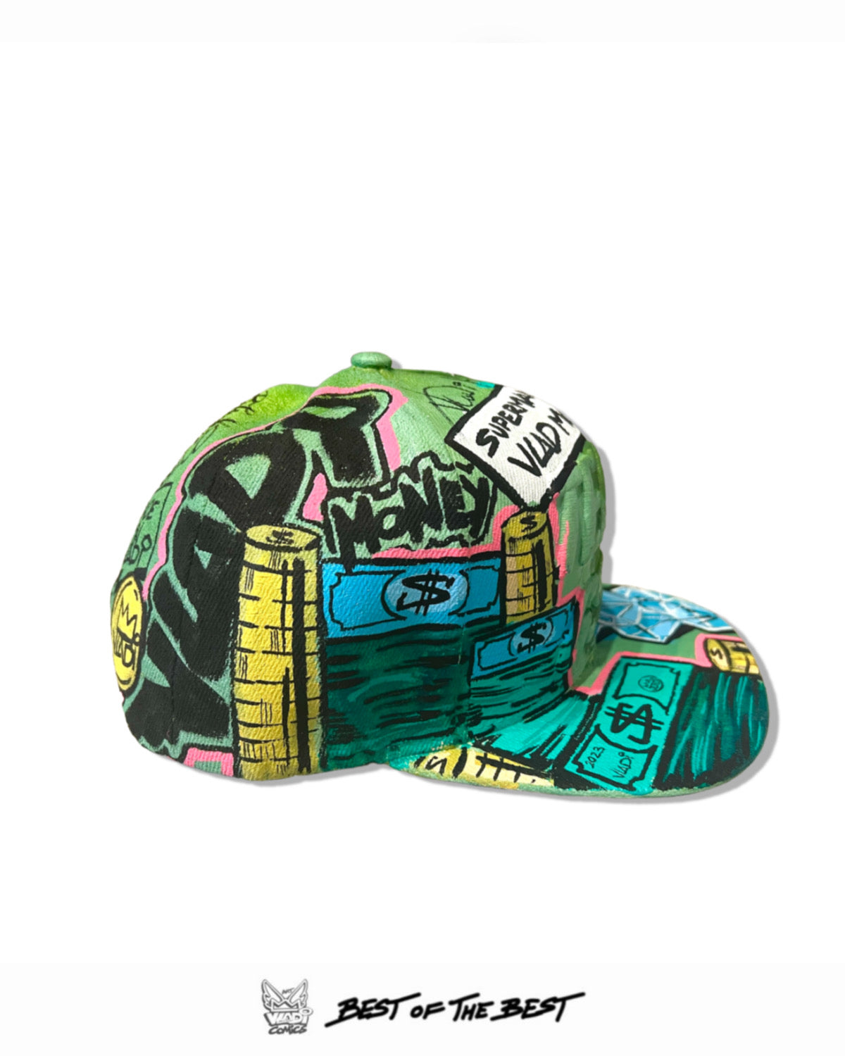 Side view of WOW Diamond Hat 1of1 by Art VLADI — hand-painted pop art accessory with vibrant comic-inspired diamond design.